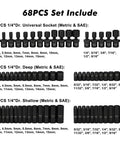 68-piece set includes metric and SAE sockets from the Heavy Duty Eighty Six Piece One Quarter Inch Drive Impact Socket Set