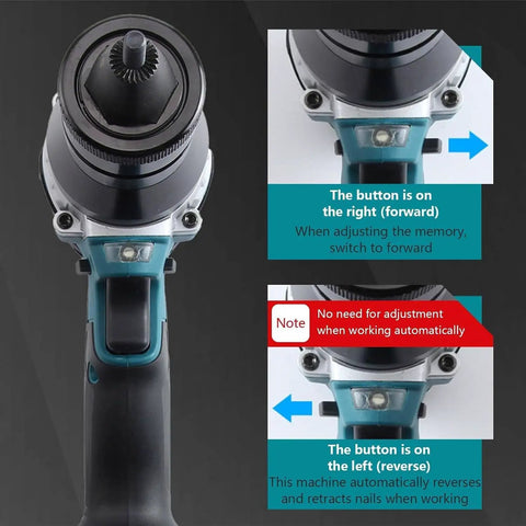 Close-up view of Badass Cordless Rivet Gun And Electric Rivet Nut Puller With M3 Through M12 Head Kit showing button controls for auto reversing.