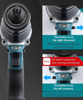 Close-up of Pro-Tier Heavy Duty Cordless Rivet Gun Electric Automatic showing button controls for forward and reverse adjustment.