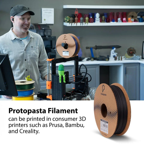 Premium 1.75 Mm Pla Filament Blended With Real Carbon Fiber Composite Gives Your 3D Printer Game Changing Durability On A 500 G Spool featuring a spool displayed next to a printer with green detail.