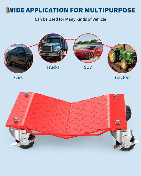 Beefy Heavy Duty Car Wheel Dollies With Built In Brakes, Tank Solid Steel Frame For No Sweat Moving, Set Of Four Locking Swivel Casters.