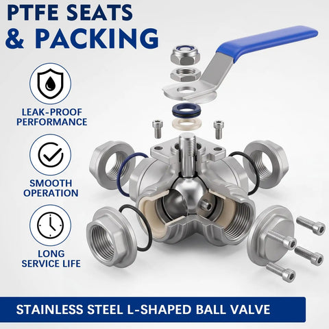 Exploded view of Pack Of Two 1/2 Inch Npt 3-Way L-Port Ball Valve Female Threaded 304 Stainless Steel with PTFE seats.