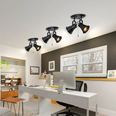 Two Light Black Track Lighting With Pull Chain Industrial Adjustable Ceiling Light Fixture in modern home office setting