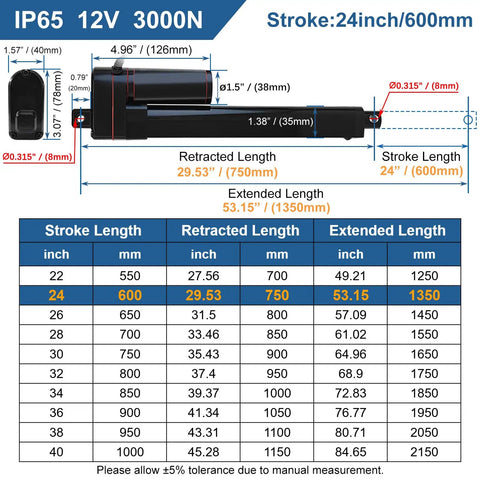 12V Heavy Duty Linear Actuator 24 Inch Stroke 660 Pound Capacity dimensions and specifications chart with stroke and length details.