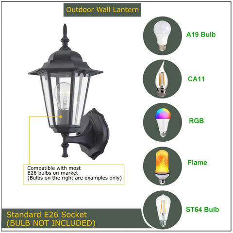 Rock Solid Black Outdoor Wall Sconce For Porch Lighting Fixture showcasing E26 socket with clear glass shade and compatibility with various bulbs.
