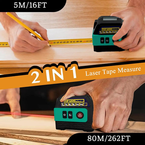 Tough 2IN1 Green Laser Tape Measure 262FT Digital Distance Meter with 16FT tape and laser function in use by handyman.