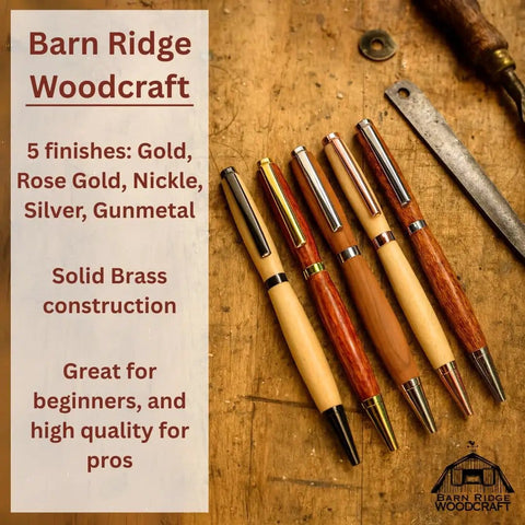 Image of a Twenty Pack Slimline Pen Kit For DIY Lathe Turning, showcasing 7mm wood turning twist pens in five finishes with brass hardware.