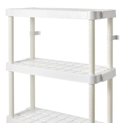 Real Deal Slick Four Tier Adjustable Height Storage Rack For Home Garage Laundry Room And Kitchen Pantry Medium Duty Organizer System Connectible Design White Two Pack Bundle close-up of white plastic shelf structure