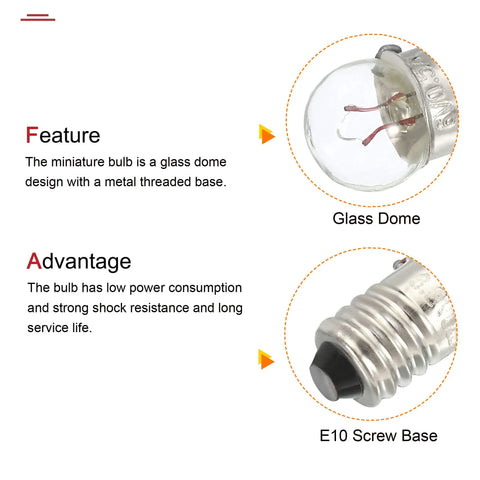 E10 Screw Base Miniature Bulbs Warm Yellow Glow 1.5V 2.5V 3.8V 6V Pilot Indicator Lamps showing glass dome and metal base.