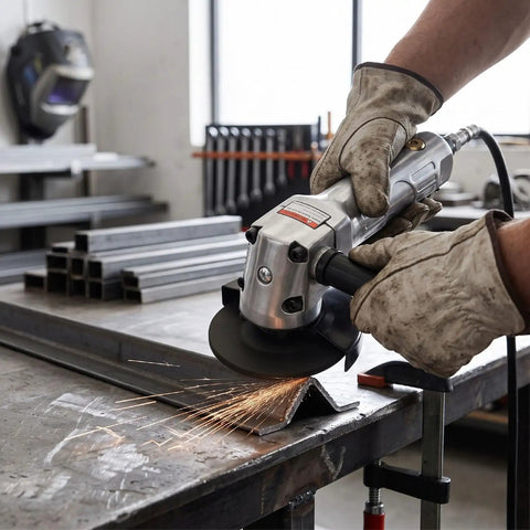 Air Powered 4 Inch Angle Grinder 11000 RPM Lightweight Frame With Solid Grip doing material removal with sparks during use.