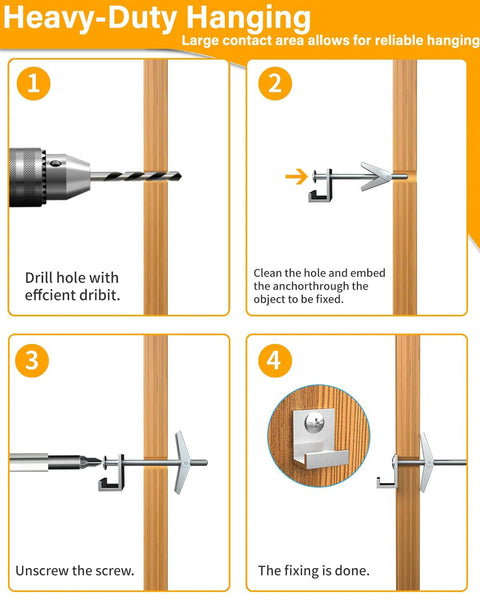 Installation steps for Heavy Duty Three Sixteenth Inch Drywall Anchors And Toggle Bolts Kit in hollow walls.
