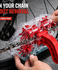 Easy To Use Bike Chain Cleaner Tool With Transparent Design For Real Time Cleaning And A Quick Release Handle shown on a bike chain
