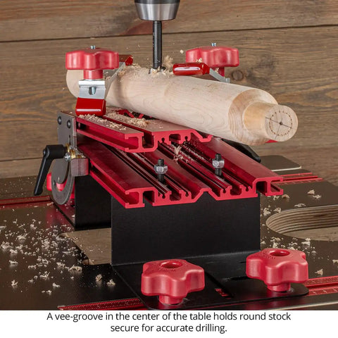 Dual Axis Angle Drilling Guide With Adjustable Fence And Clamp Table USA Made Drill Press Jig with V block grooves for round stock