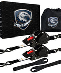 Heavy Duty 1 Inch By 12 Foot Retractable Ratchet Straps With 1760 Pound Break Strength Cargo Tie Downs For Motorcycle Jetski Kayak, 2 Pack Black All Weather, shown with packaging and storage bag