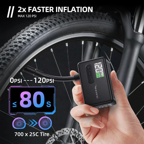 Ultra Tiny Electric Bike Pump With Auto Stop And Fast Inflation To 120 PSI displayed with digital PSI gauge near bike tire