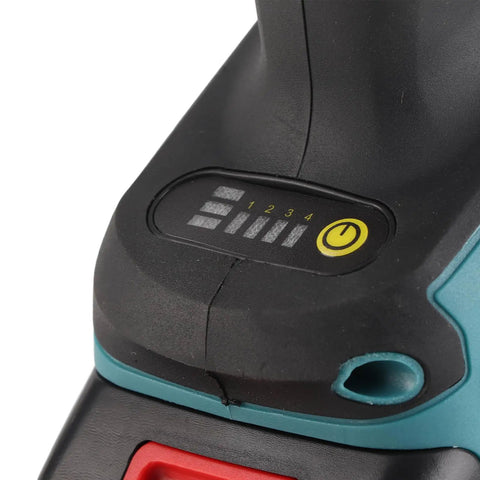 Close-up of control panel on Pro Level Brushless Angle Polisher With Comfort Grip Handle and Quick Charge Battery.