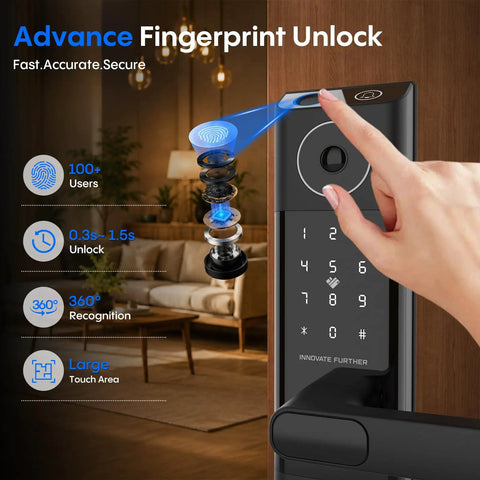 Next Level Smart Door Lock With Onboard Video Doorbell And Quick Fingerprint Access close-up of advanced fingerprint unlock feature.