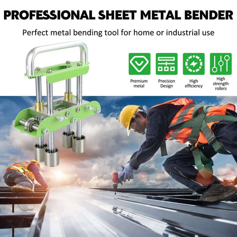 Pro Grade Metal Roller Bender Kit For 0 To 90 Degree Bends in use by workers, built for aluminum copper and steel, DIY roof trim fabrication.