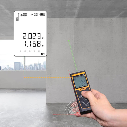 Heavy Duty Laser Distance Meter Featuring Slick Green Beams And Up To 262 Foot Range Rechargeable Battery With Crisp Lcd Readout Spot On Two Millimeter Accuracy For Hardworking Tradesmen displaying measurement on screen.