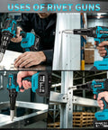 Tough As Nails Brushless Cordless Rivet Gun Packing Serious Pulling Force And Two Extended Batteries For Quick Aluminum Fastening Without Breaking A Sweat Or Dealing With Frustrating Slow Tools, demonstrating various uses on aluminum sheets and metal frames.