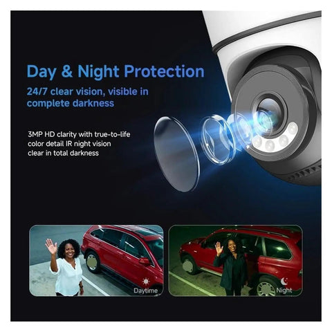 Rugged 10 Inch Touch Screen 4Ch Nvr Security Kit Packs Premium 5Mp Ptz Cameras showing clear daytime and nighttime vision with IR technology.