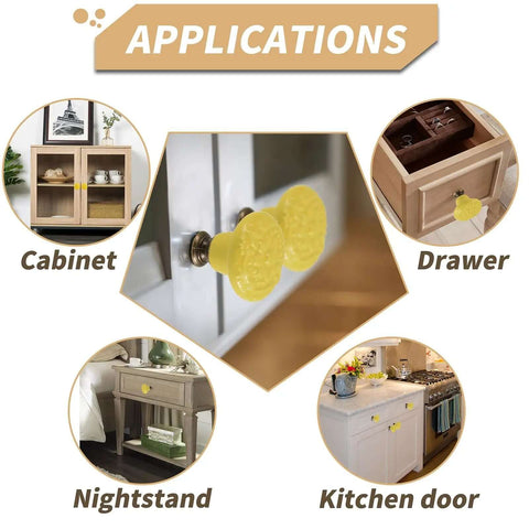 Straight Up Slick Ceramic Cabinet Knobs With Sweet Floral Detailing And Top Notch Yellow Glaze For Kitchen Cupboards And Rustic Drawer Pulls Pack Of Five on cabinets, drawers, and nightstands.