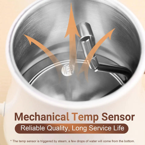 Inside view of milk white Stainless Steel Gooseneck Electric Kettle with precise pouring, showcasing the mechanical temperature sensor.