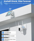 Solar Powered Outdoor Security Camera, Wireless, 3MP Pan Tilt 360 Degree WiFi Cam With Color Night Vision, installed on wall