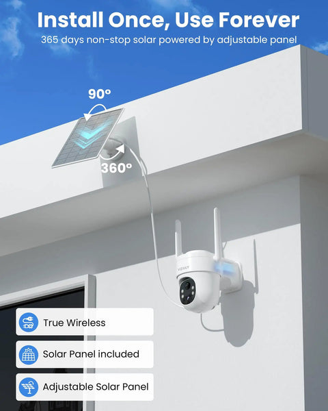 Solar Powered Outdoor Security Camera, Wireless, 3MP Pan Tilt 360 Degree WiFi Cam With Color Night Vision, installed on wall