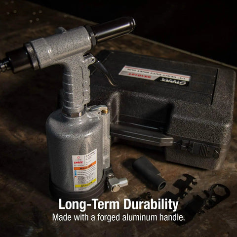 Heavy Duty Rivet Gun Packing 3690 Lbs Of Raw Pulling Power Sets 3 16 And 1 4 Inch Blind Rivets with a forged aluminum handle.
