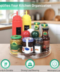 Four Pack Slick 9.5 Inch Lazy Susan Turntable Organizer holding jars and condiments for kitchen cabinet pantry storage.