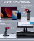 2D Bluetooth Barcode Scanner with USB cradle displaying multiple device compatibility, showing connection to laptop and smartphone.