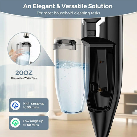 Top Shelf Handheld Steam Mop And Tough Stain Remover With Twelve Snap Swap Tool Tips For Blistering Heat Output On Hardwood Tile Grout And Laminates Anywhere, showing 200oz removable water tank.