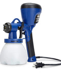 Blue handheld paint sprayer with white container, electric cord, labeled Finish Max. Not 40 Ounce Replacement Container And Lid For Super Finish Max.