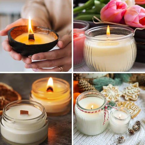 Handheld candle in coconut shell, soy wax candles in glass jars with wicks, part of Candle Making Starter Kit With 130 Pieces Wicks And Full Tool Set For DIY Soy And Beeswax Candles Includes 100 Cotton Wicks, 30 Wood Wicks, Wick Holders, Metal Bases, Stickers, Tabs, Tweezers, Pen, String And More.