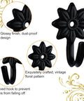 Heavy Duty Retro Flower Wall Hooks Eight Pack Slick Vintage Decorative Hardware in black iron, featuring floral pattern and curved design.