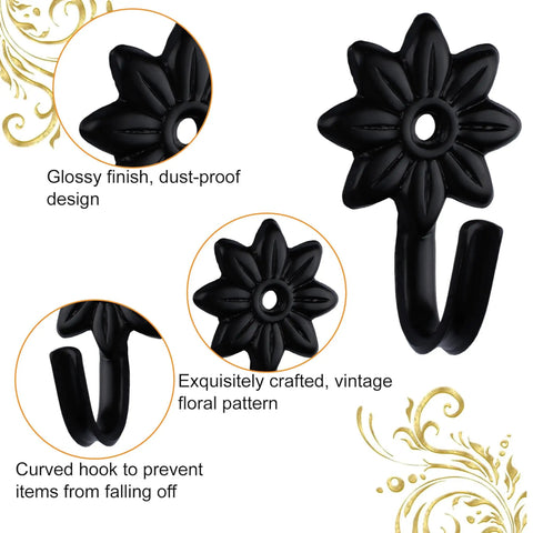 Heavy Duty Retro Flower Wall Hooks Eight Pack Slick Vintage Decorative Hardware in black iron, featuring floral pattern and curved design.