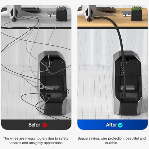 Before and after of using Split Cable Sleeve Wire Loom One Quarter Inch Cable Protector, showing neat wires, computer setup.
