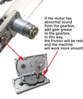 Side view of a DC motor with a metal gear reducer and output shaft attached to a gearbox