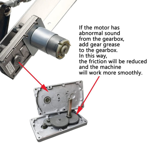 Side view of a DC motor with a metal gear reducer and output shaft attached to a gearbox