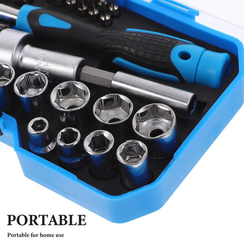Gutsy Heavy Duty Ratchet Socket Wrench Kit With Extra Screwdriver Bits And A Snap Shut Carry Case Tough Hand Tool Set showing metal sockets and screwdriver in portable blue case.