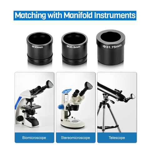 WiFi Digital Eyepiece For Telescopes And Microscopes With 1080P HD Video And 2MP Photos Real Time View To IPhone Android And PC Includes Three Adapter Rings 800mAh Battery Great For Astrophotography Bird Watching And Lab Observing Gear showing three adapter rings and compatible microscopes and telescope