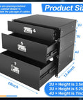 Pro Grade Heavy Duty 19 Inch Server Rack Drawers In A Complete Three Piece 2U 3U 4U Metal Set Featuring Keyed Locks And Ergonomic Grips, side view showing dimensions.