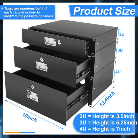 Pro Grade Heavy Duty 19 Inch Server Rack Drawers In A Complete Three Piece 2U 3U 4U Metal Set Featuring Keyed Locks And Ergonomic Grips, side view showing dimensions.
