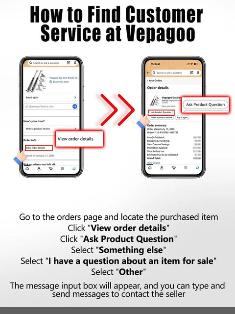 How to find customer service at Vepagoo using mobile app; view order details and ask product questions.