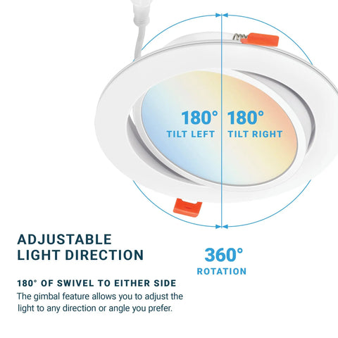 Ultra Thin 6 Inch LED Recessed Gimbal Lights With J Box No Fuss Install 12W Dimmable 5 Color Temp Switchable 180-degree swivel