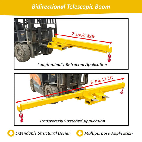 Bidirectional Telescopic Boom of Heavy Duty Forklift Jib Boom Attachment Delivering 4400 Lb Lifting Power With Telescopic Crane Hoist And 12 Foot Reach.
