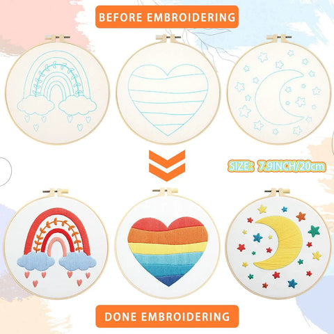 Five Piece Starter Embroidery Kit For Beginners With Boho Cross Stitch Patterns, Two Embroidery Hoops, Floss, Needles, Thread Guide, And Step By Step Instructions For DIY Rainbow Themed Projects showing before and after designs.