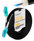 Plug And Play OM3 Fiber Optic Cable LC To LC 30 Meter Armored Outdoor Duplex Uniboot Patch Cord featuring blue connectors and black jacket.