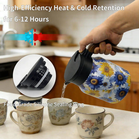 Pouring from Sunflower Floral 35 Ounce Tea Pot With Infuser Insulated Stainless Steel Kettle For Loose Leaf Tea; kitchen setting